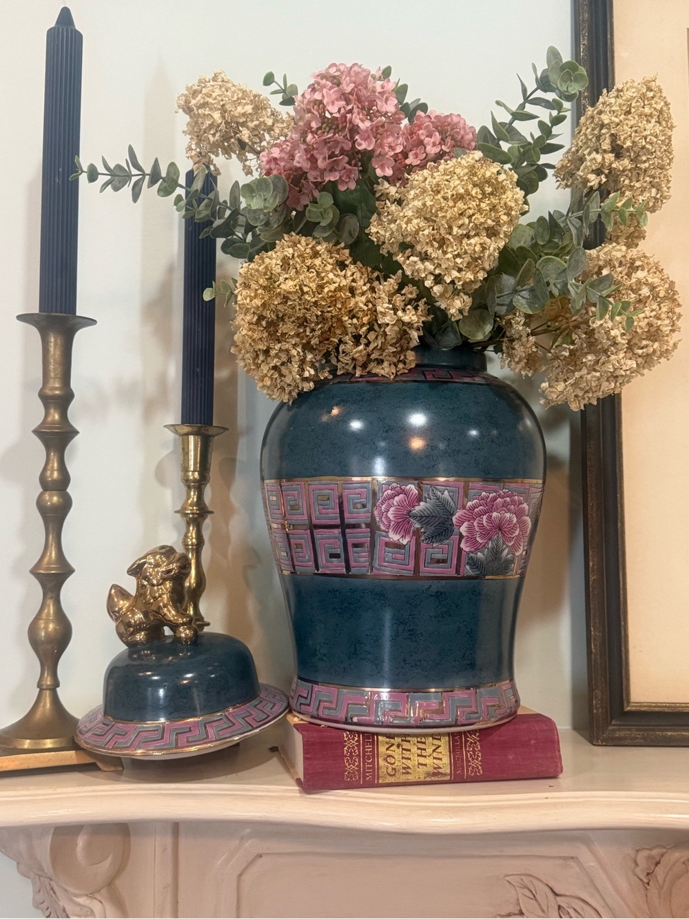 Teal Ceramic Floral Band Vase with Pink Accents